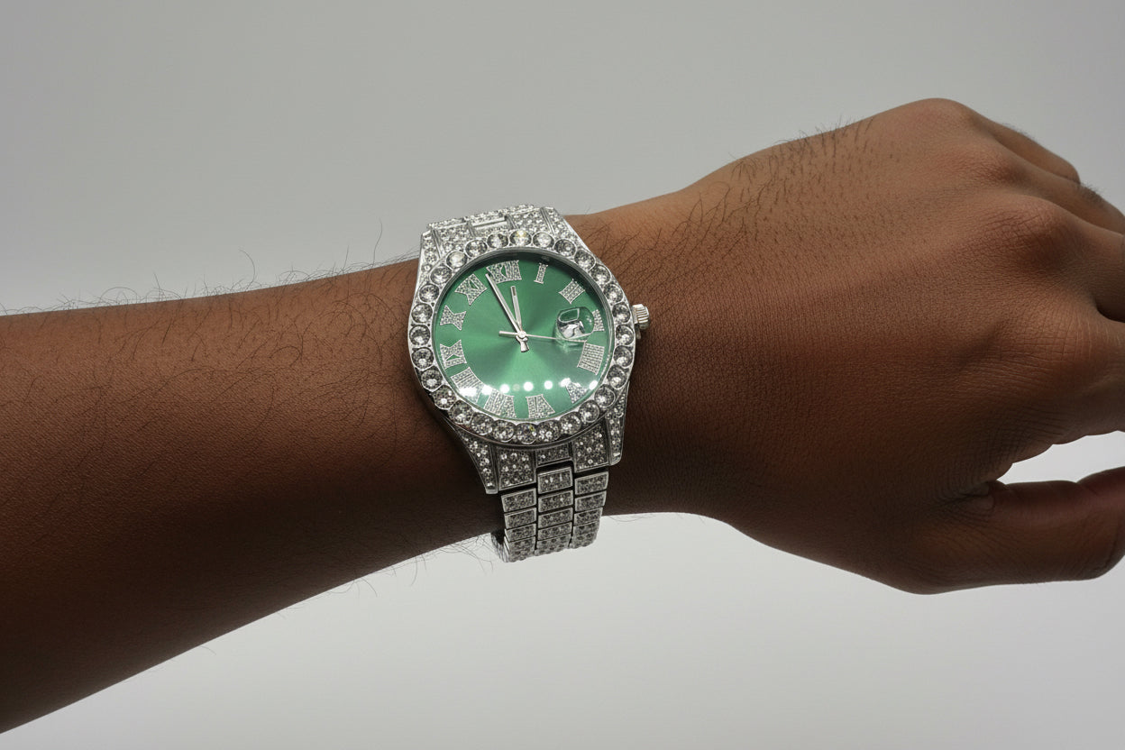 Men’s iced out watch silver plated Green face