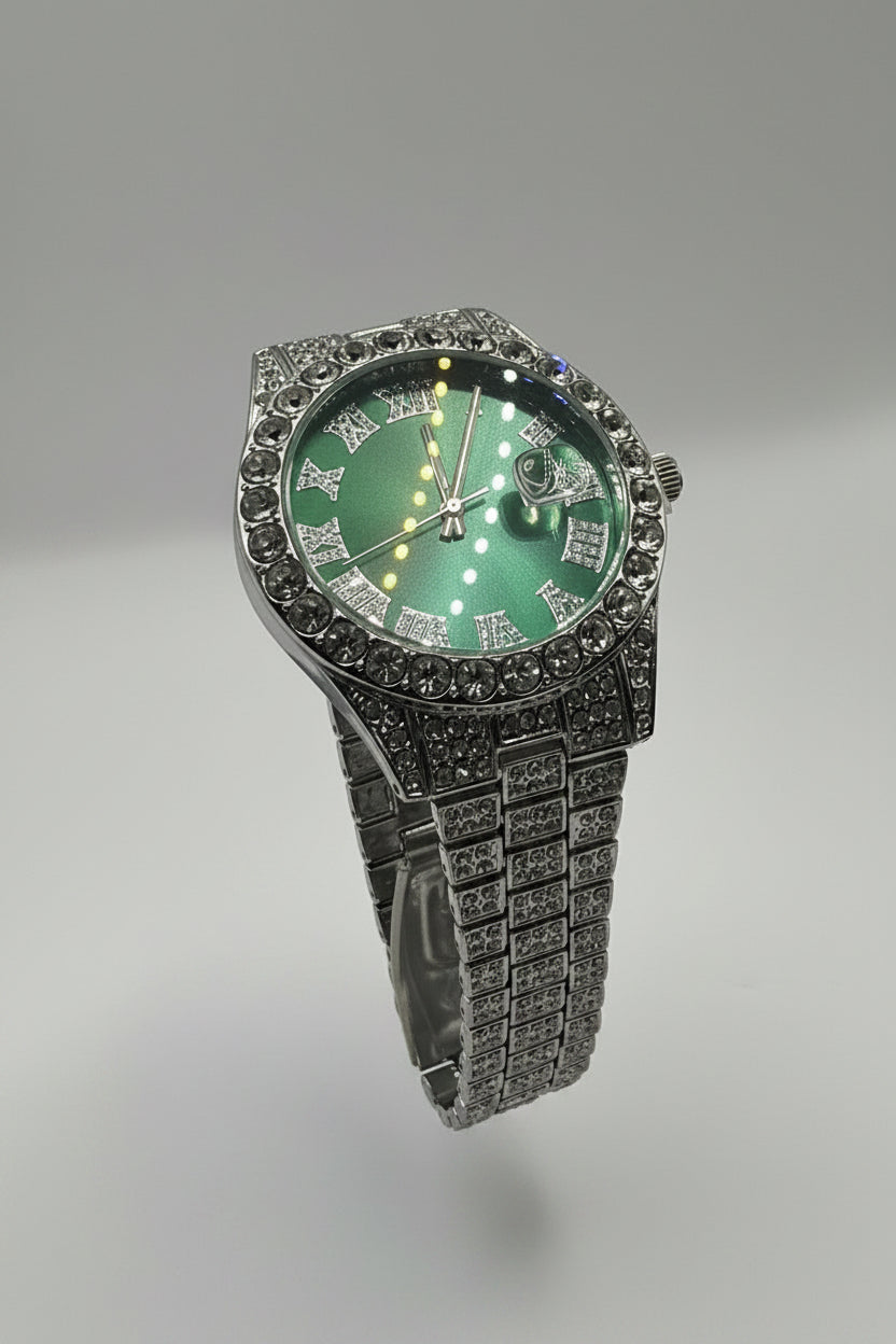 Men’s iced out watch silver plated Green face