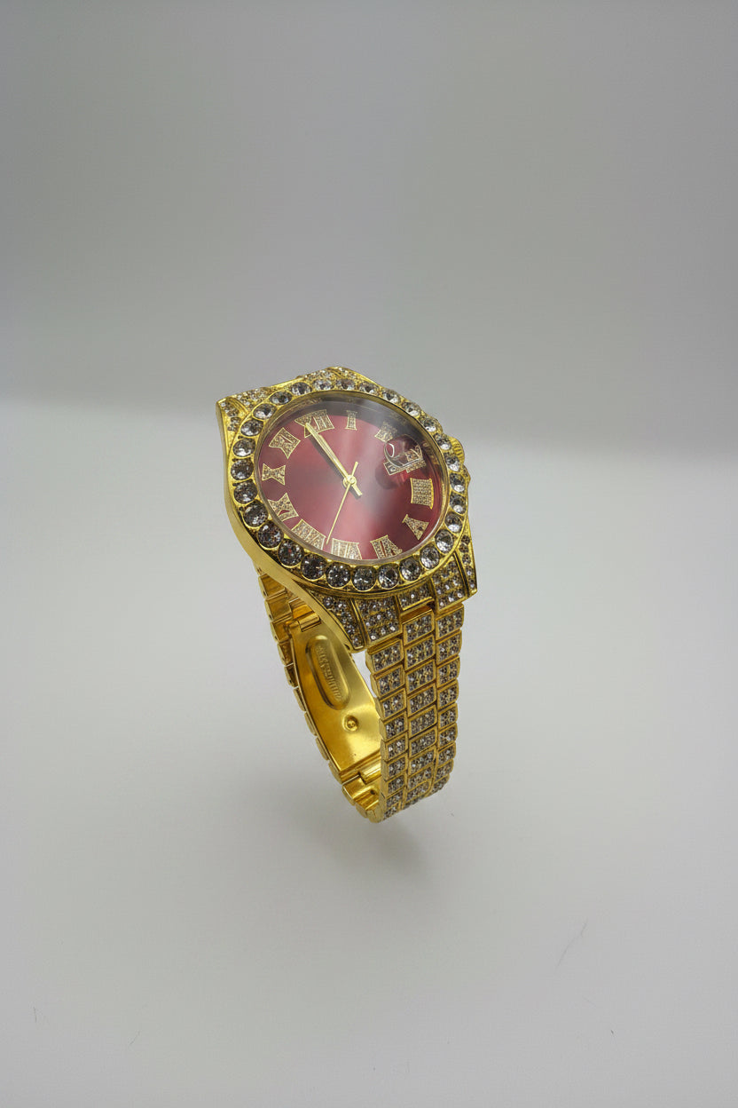 Mens Iced Out Watch Red Face Gold on Gold