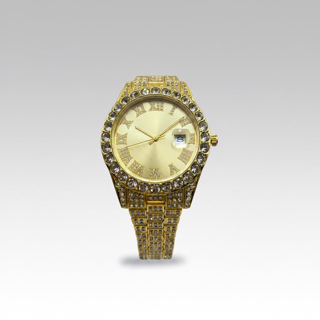 Mens Iced Out Watch Gold Face Gold on Gold