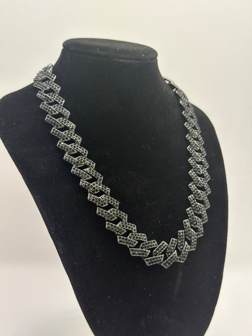 40cm 14mm Gun Black Black Diamond Strip Cuban Link Chain