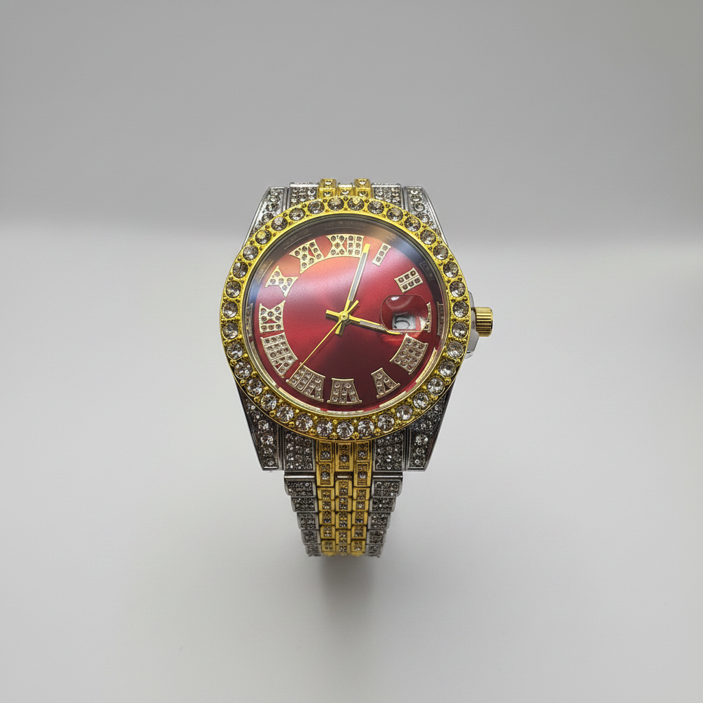 Mens Iced Out Watch Red Face Gold on silver