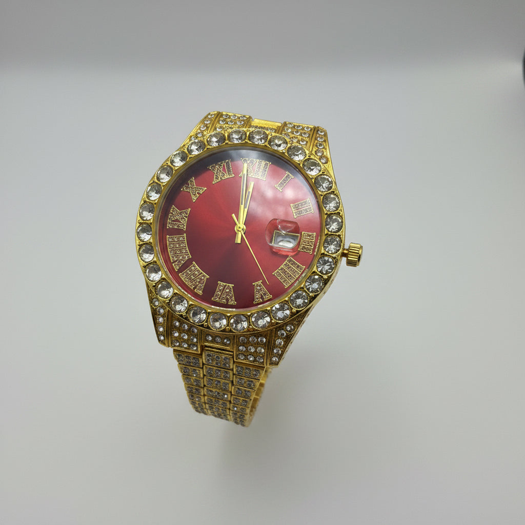 Mens Iced Out Watch Red Face Gold on Gold