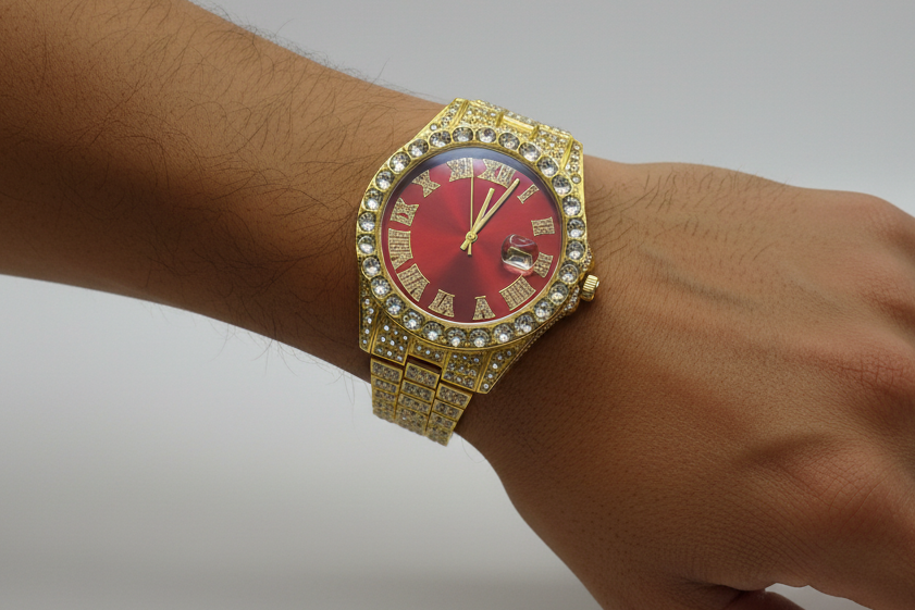Mens Iced Out Watch Red Face Gold on Gold