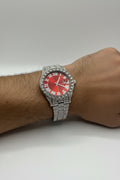 Men's Iced Out Watch Silver Plated Red face