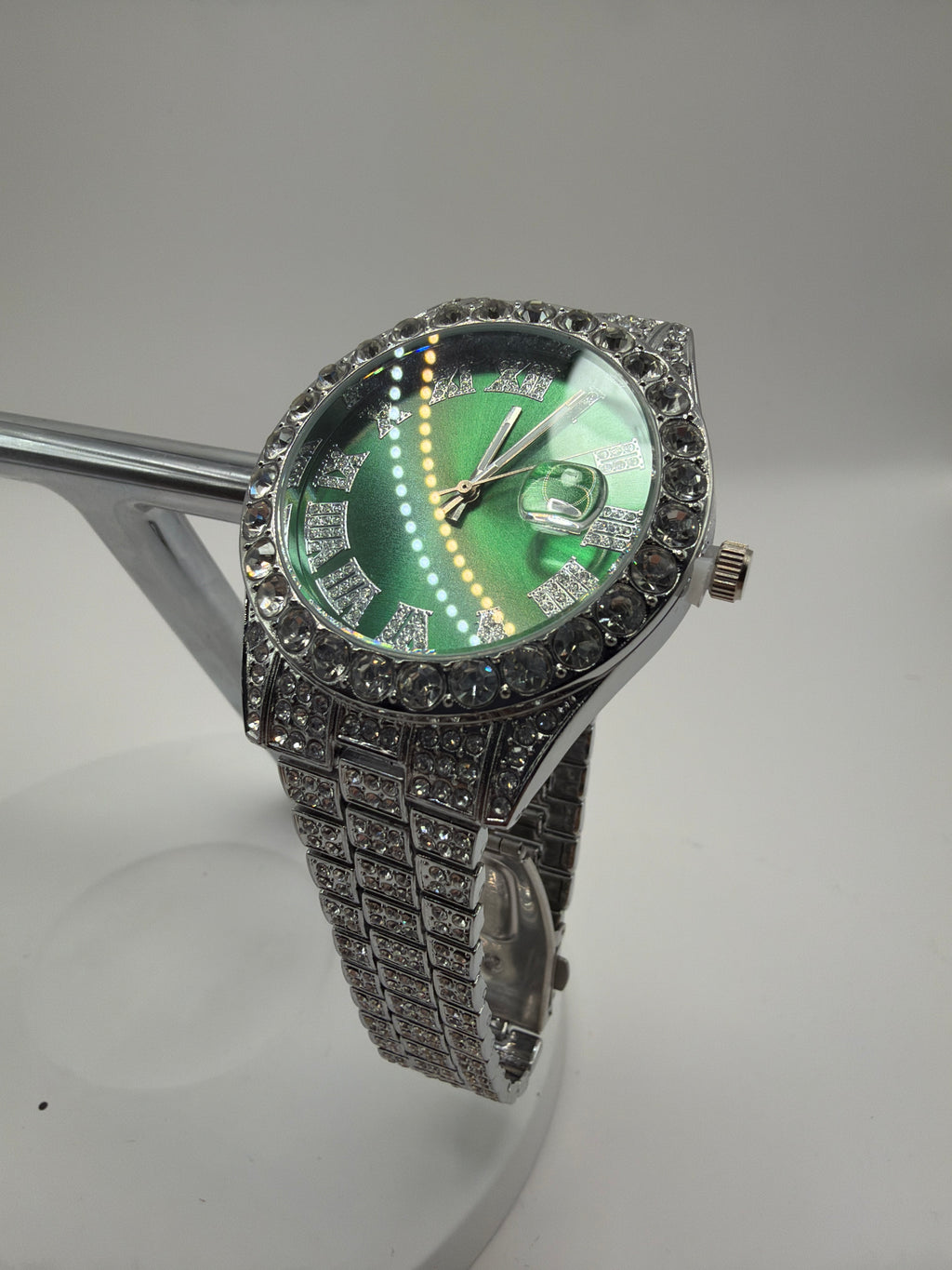 Men’s iced out watch silver plated Green face