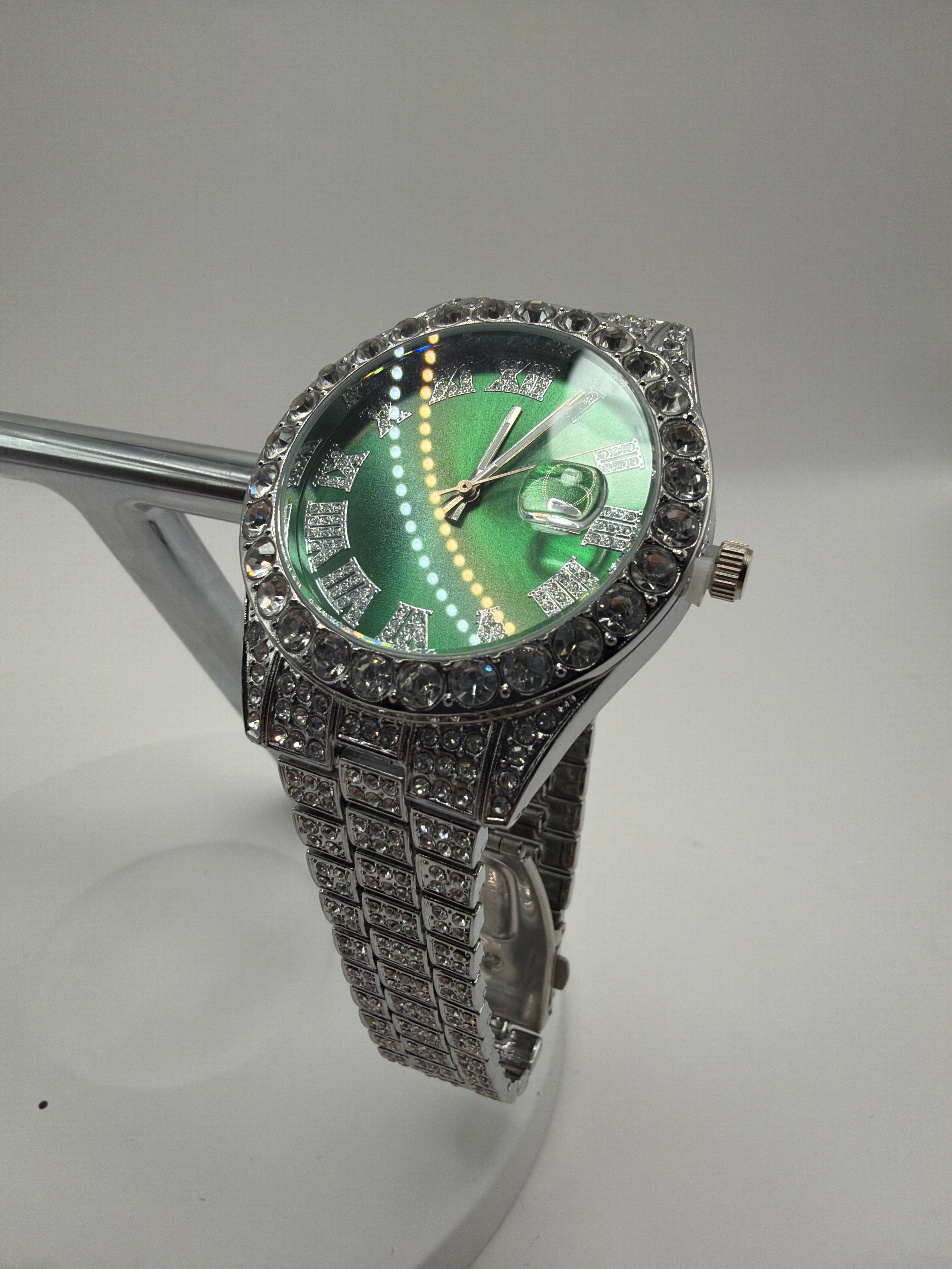 Men’s iced out watch silver plated Green face