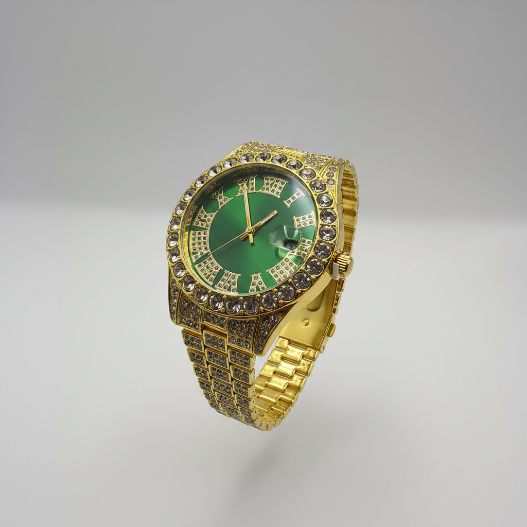 Mens Iced Out Watch Green Face Gold on Gold