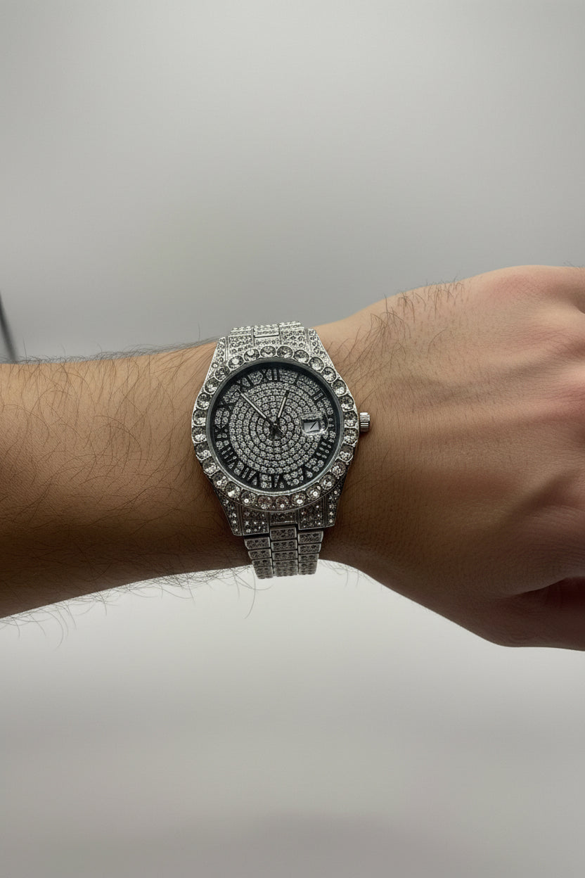 Mens Iced Out Watch Iced Face Silver