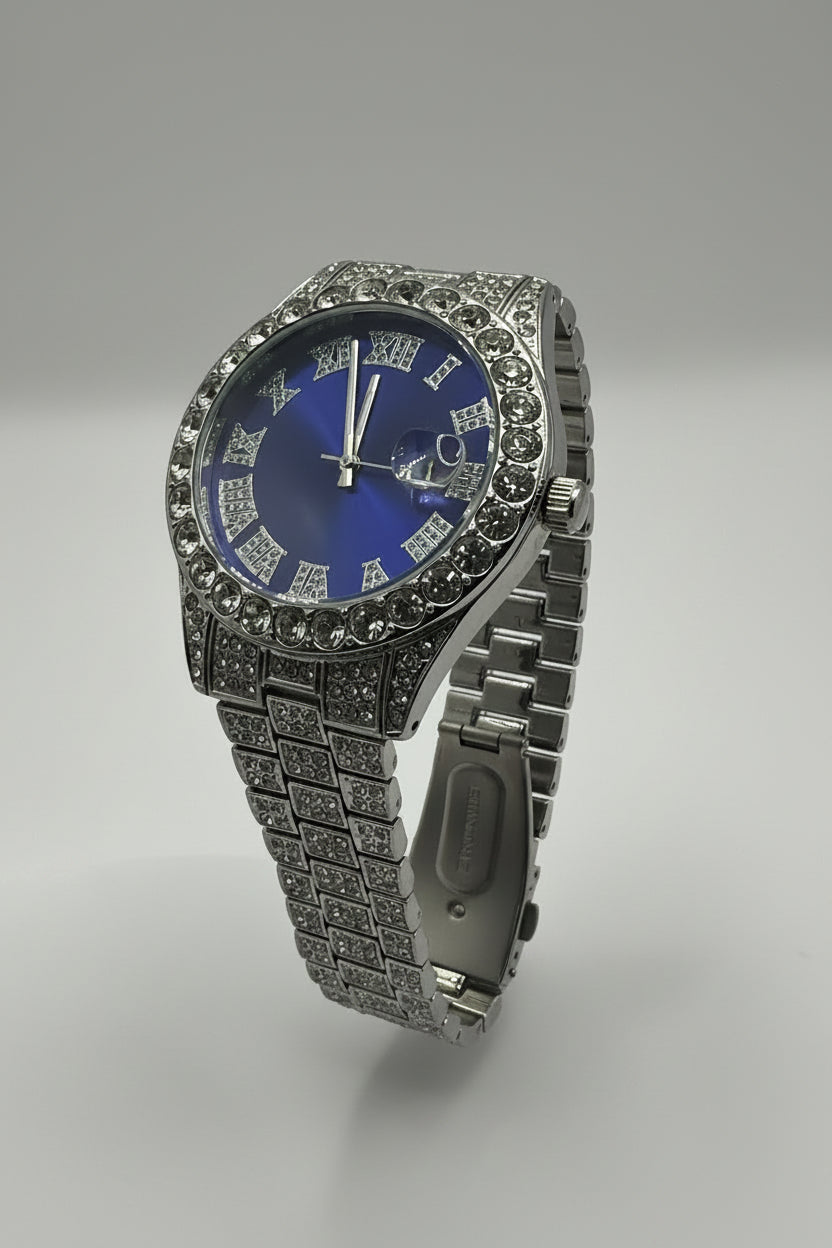 Men’s iced out watch silver plated blue face