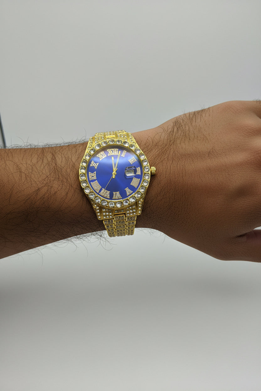 Mens Iced Out Watch Blue Face Gold on Gold