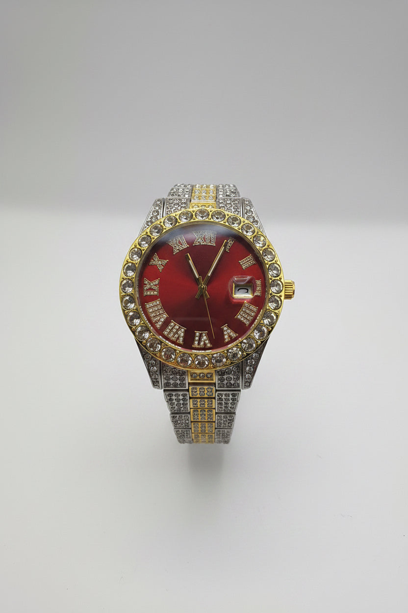 Mens Iced Out Watch Red Face Gold on silver