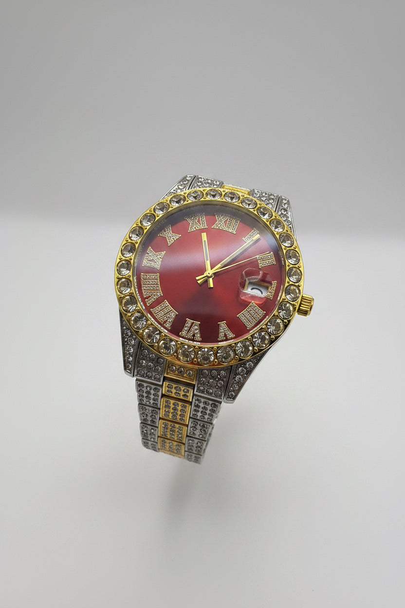 Mens Iced Out Watch Red Face Gold on silver