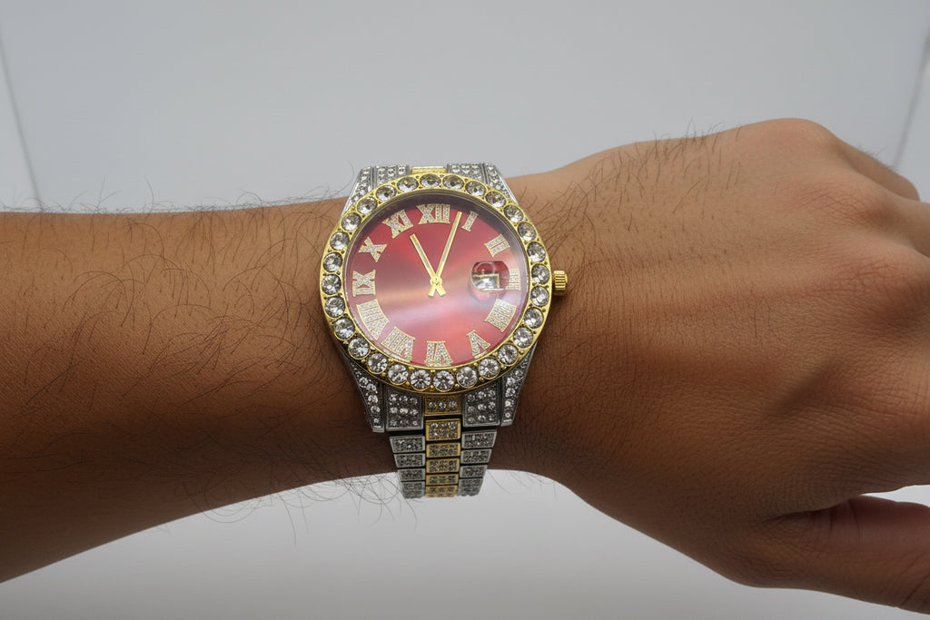 Mens Iced Out Watch Red Face Gold on silver