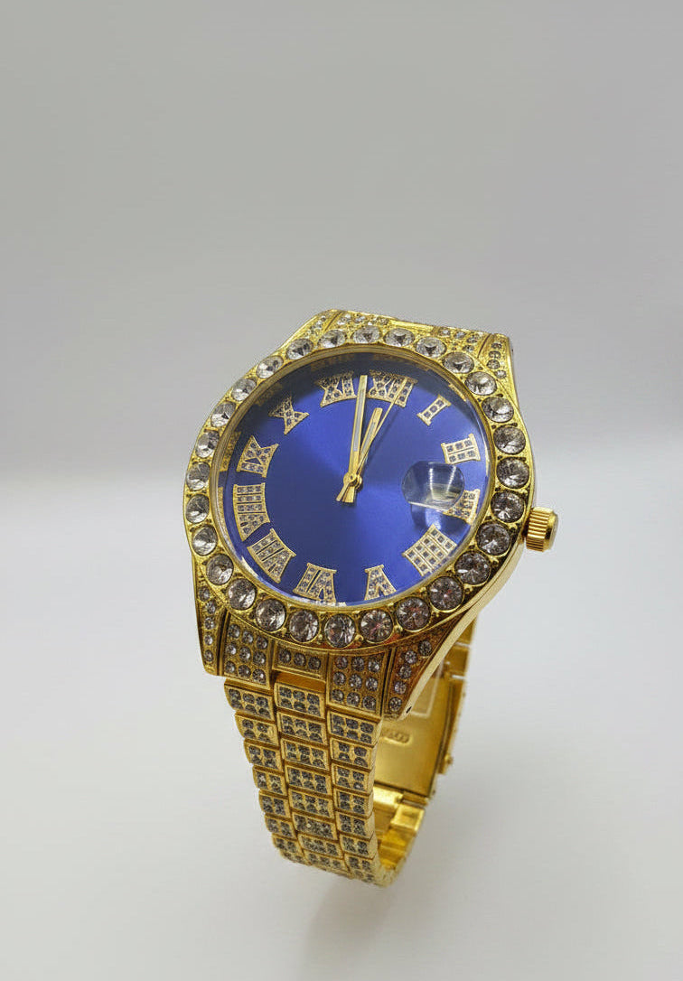 Mens Iced Out Watch Blue Face Gold on Gold