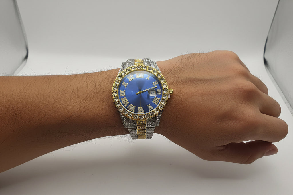 Mens Iced Out Watch Blue Face Gold on silver