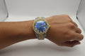 Mens Iced Out Watch Blue Face Gold on silver