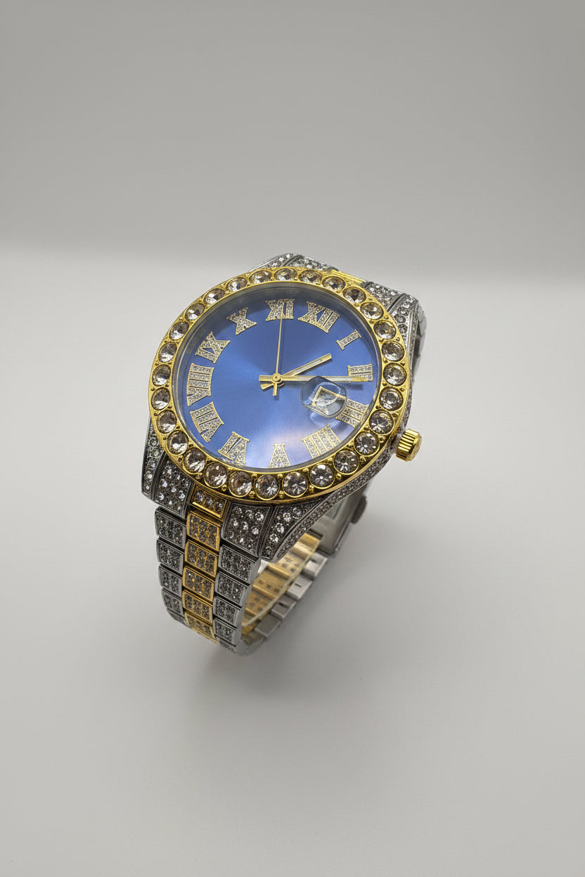 Mens Iced Out Watch Blue Face Gold on silver