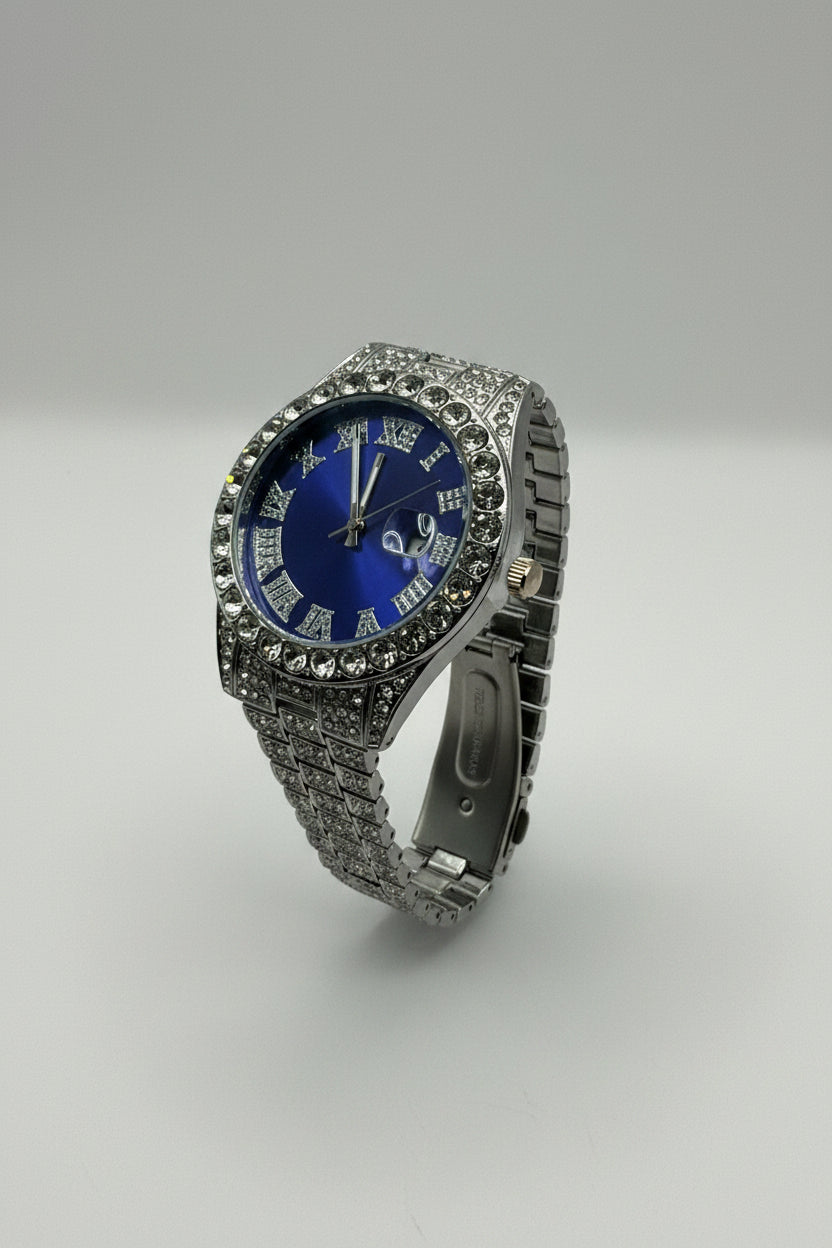 Men’s iced out watch silver plated blue face