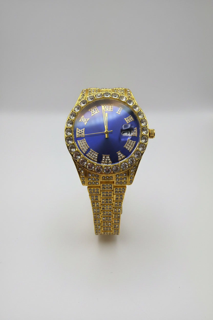 Mens Iced Out Watch Blue Face Gold on Gold