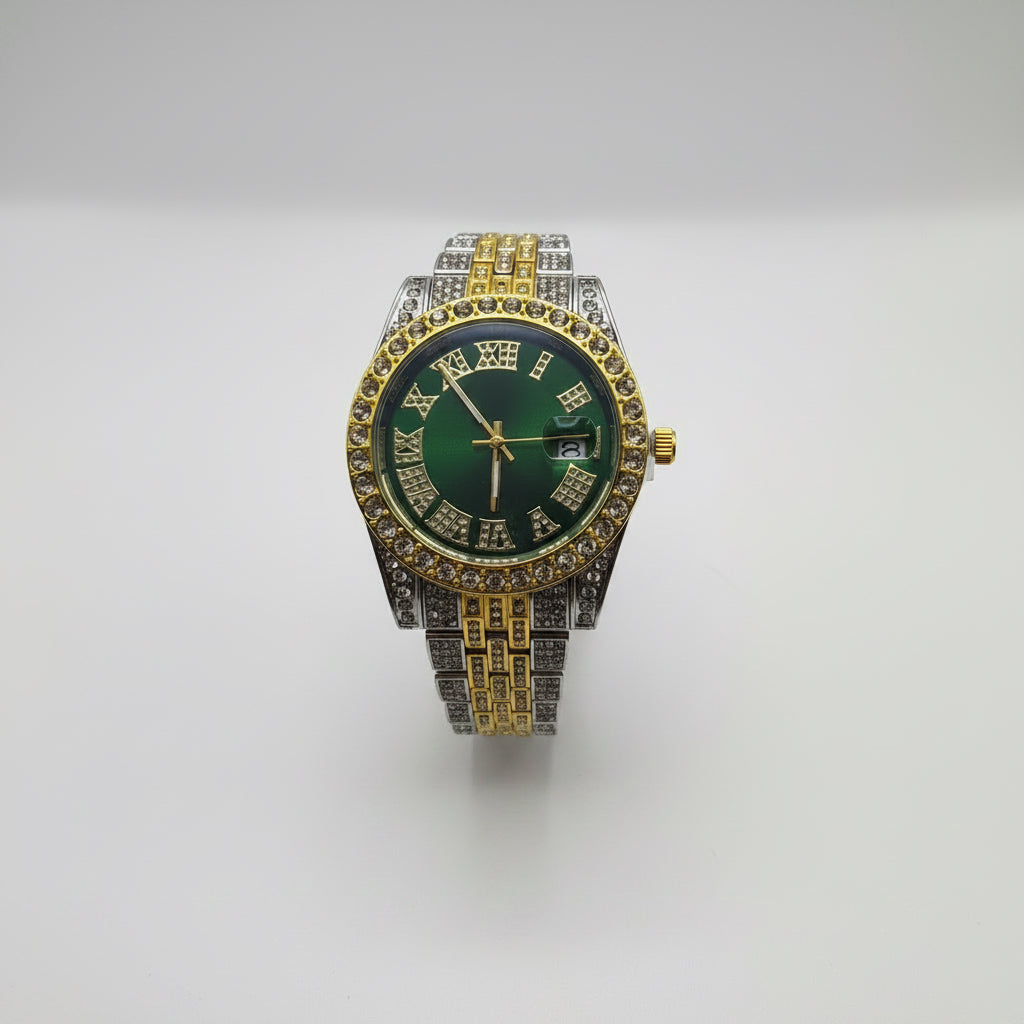 Mens Iced Out Watch Green Face Gold on silver