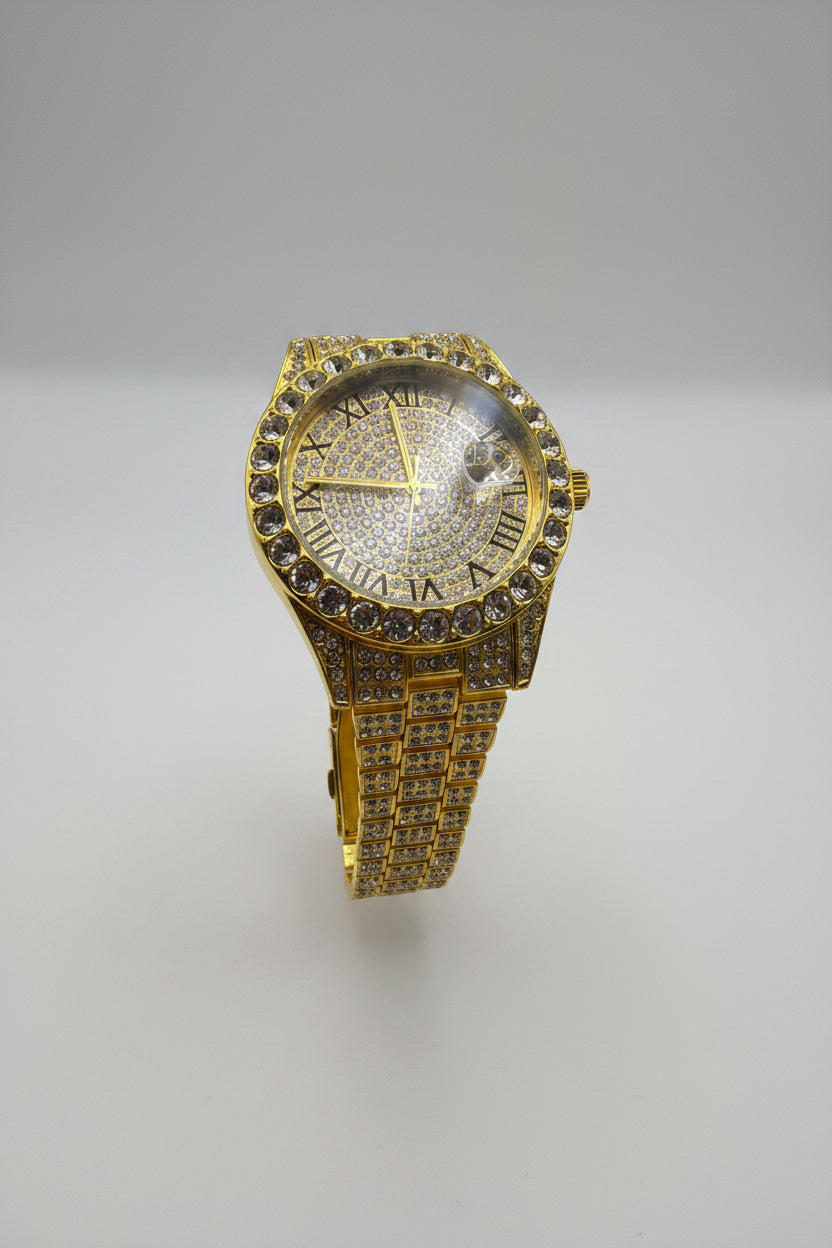 Mens Iced Out Watch Iced Gold Face Gold on Gold