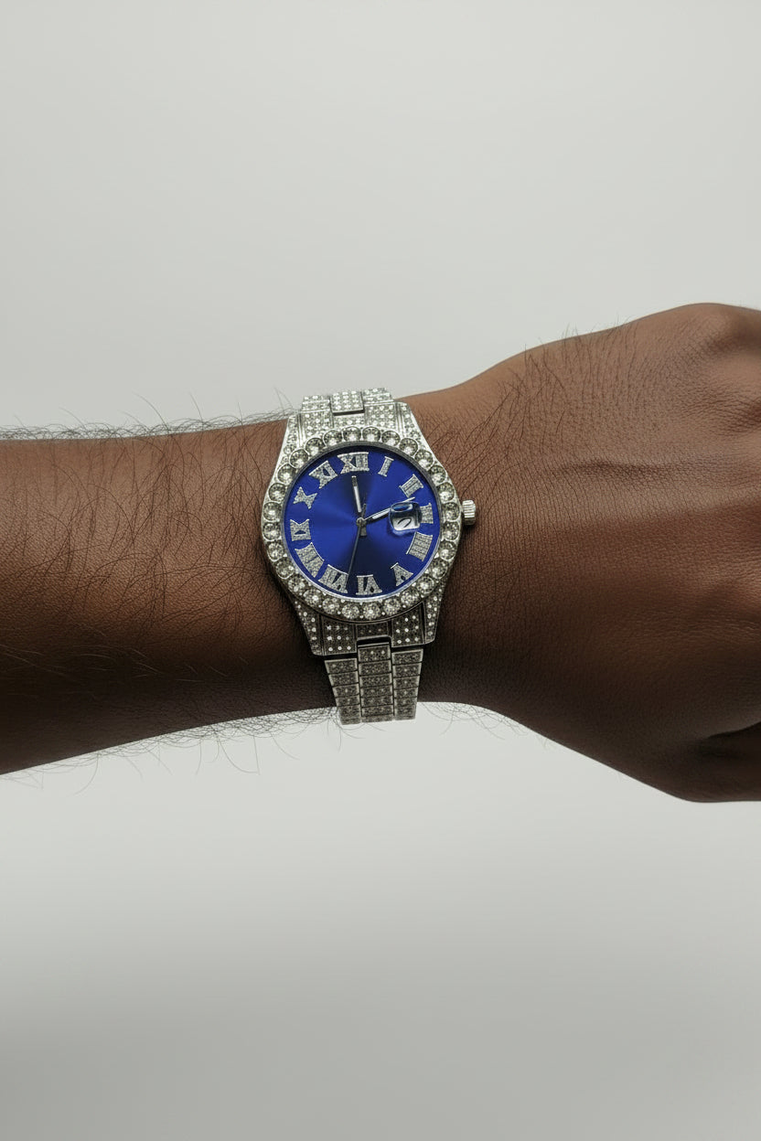 Men’s iced out watch silver plated blue face