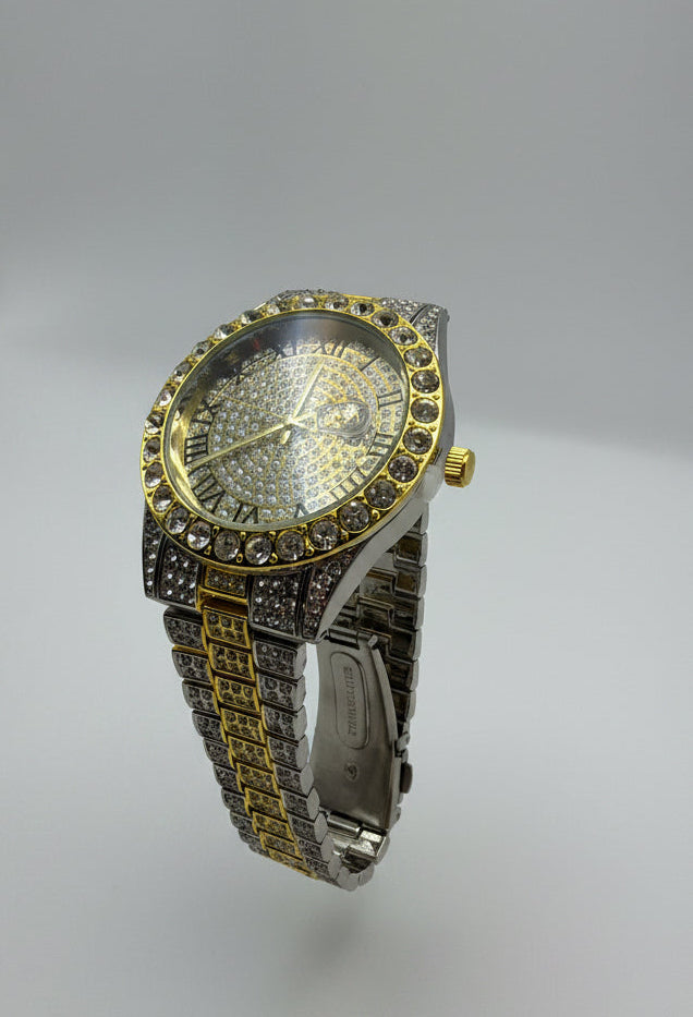 Mens Iced Out Watch Iced Face Gold and silver