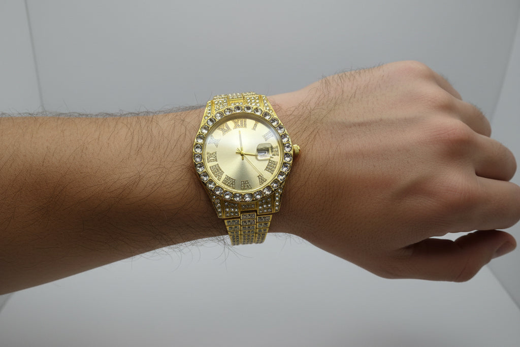 Mens Iced Out Watch Gold Face Gold on Gold