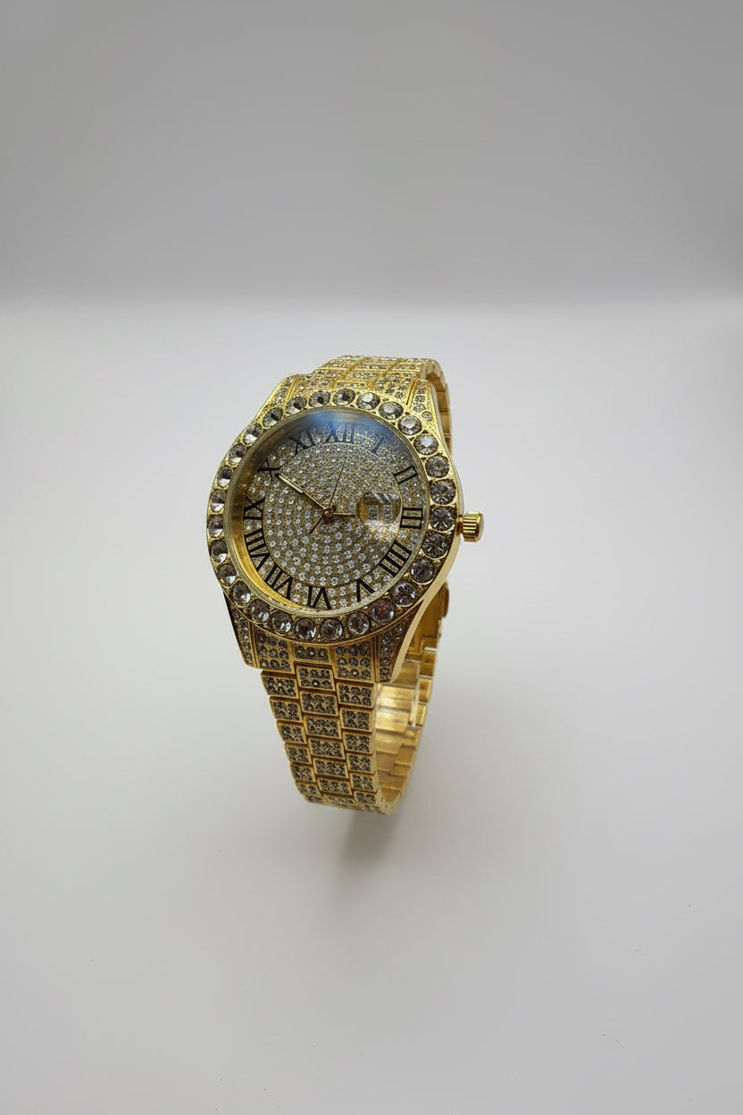 Mens Iced Out Watch Iced Gold Face Gold on Gold
