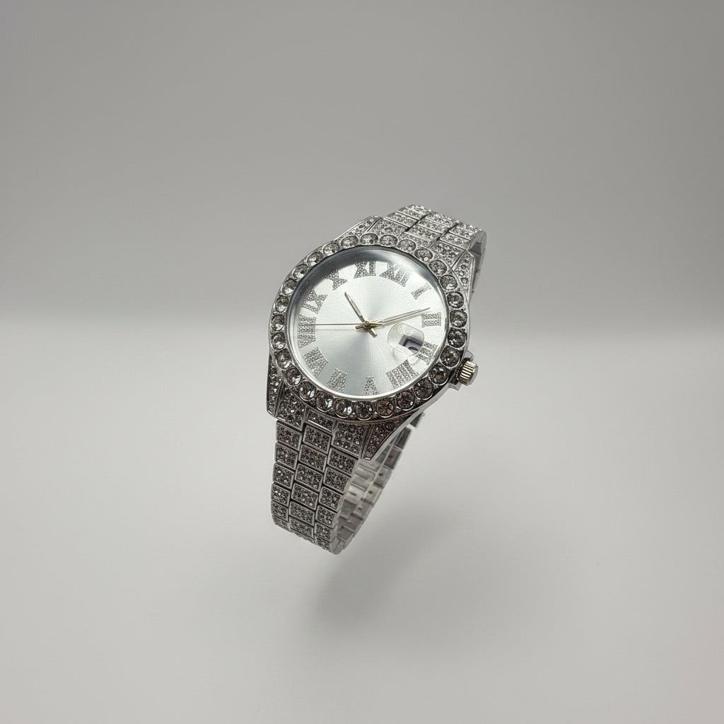 Mens Iced Out Watch Iced Face Silver on Silver
