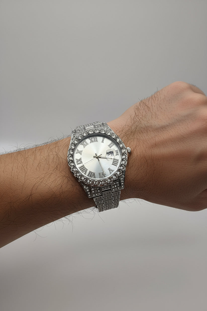 Mens Iced Out Watch Iced Face Silver on Silver