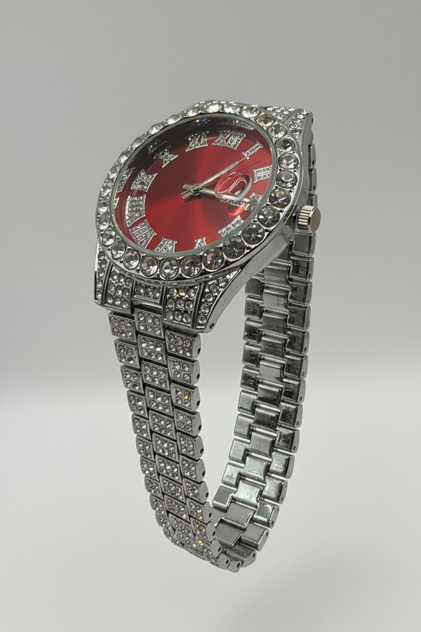 Men's Iced Out Watch Silver Plated Red face