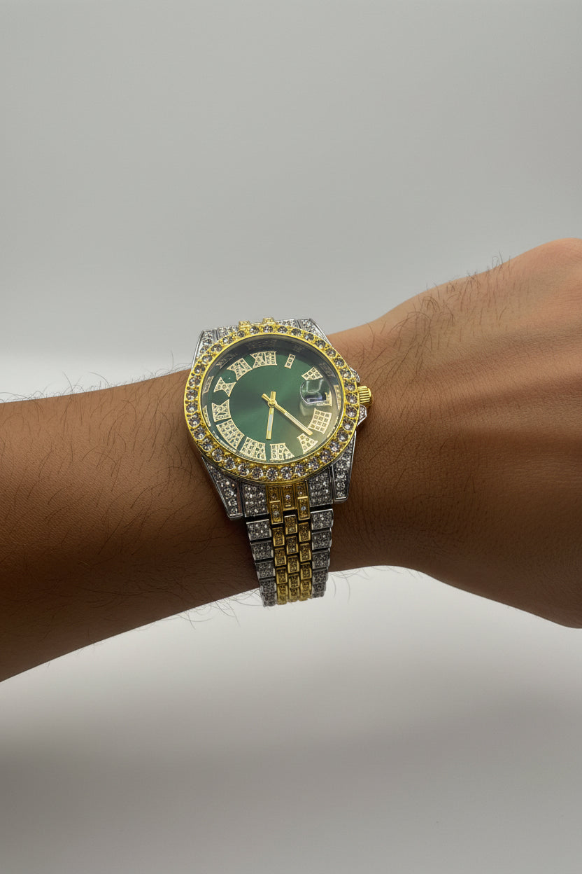 Mens Iced Out Watch Green Face Gold on silver