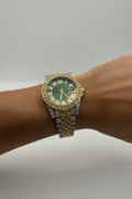 Mens Iced Out Watch Green Face Gold on silver