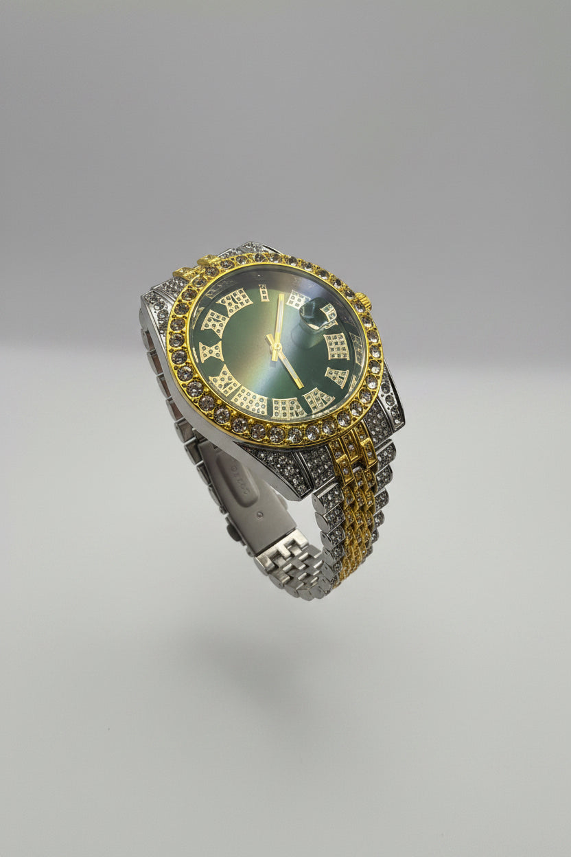 Mens Iced Out Watch Green Face Gold on silver