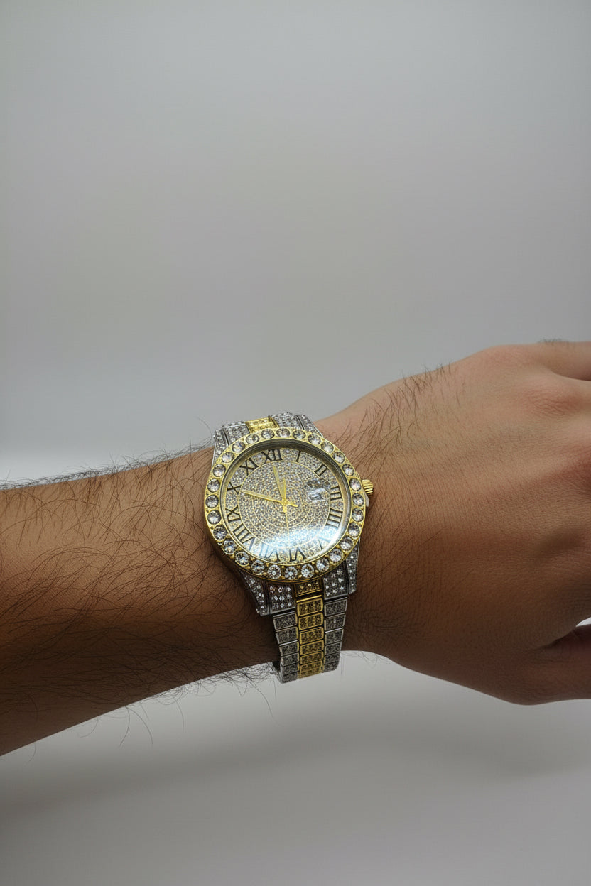 Mens Iced Out Watch Iced Face Gold and silver