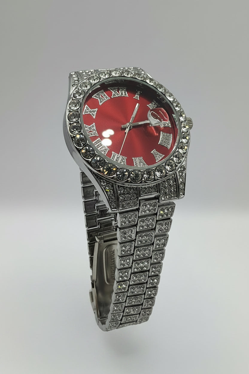 Men's Iced Out Watch Silver Plated Red face