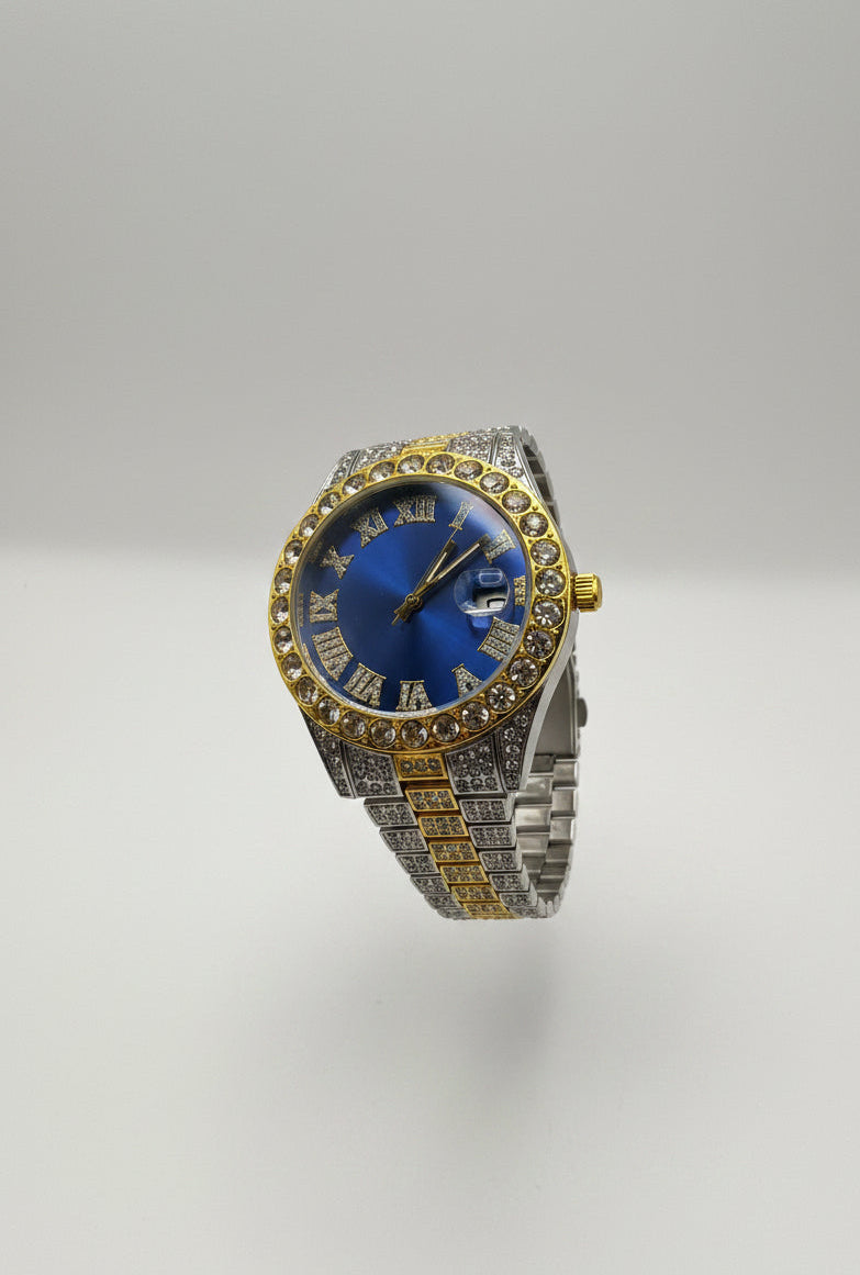 Mens Iced Out Watch Blue Face Gold on silver