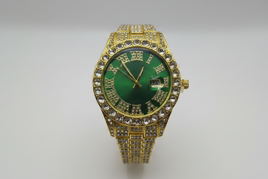 Mens Iced Out Watch Green Face Gold on Gold