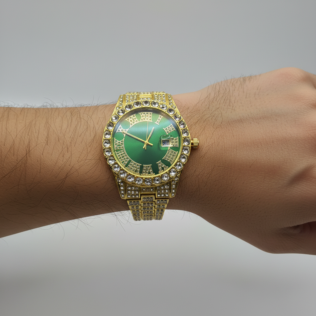 Mens Iced Out Watch Green Face Gold on Gold