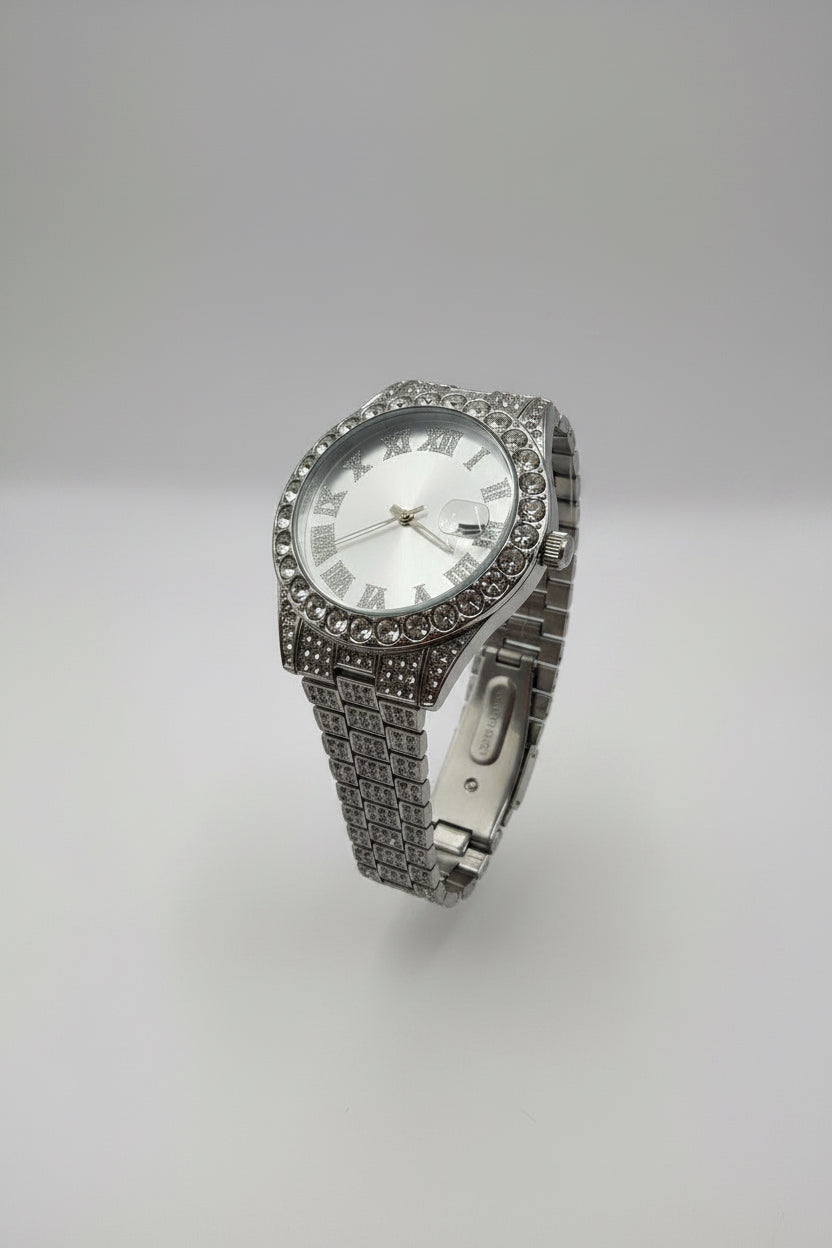 Mens Iced Out Watch Iced Face Silver on Silver