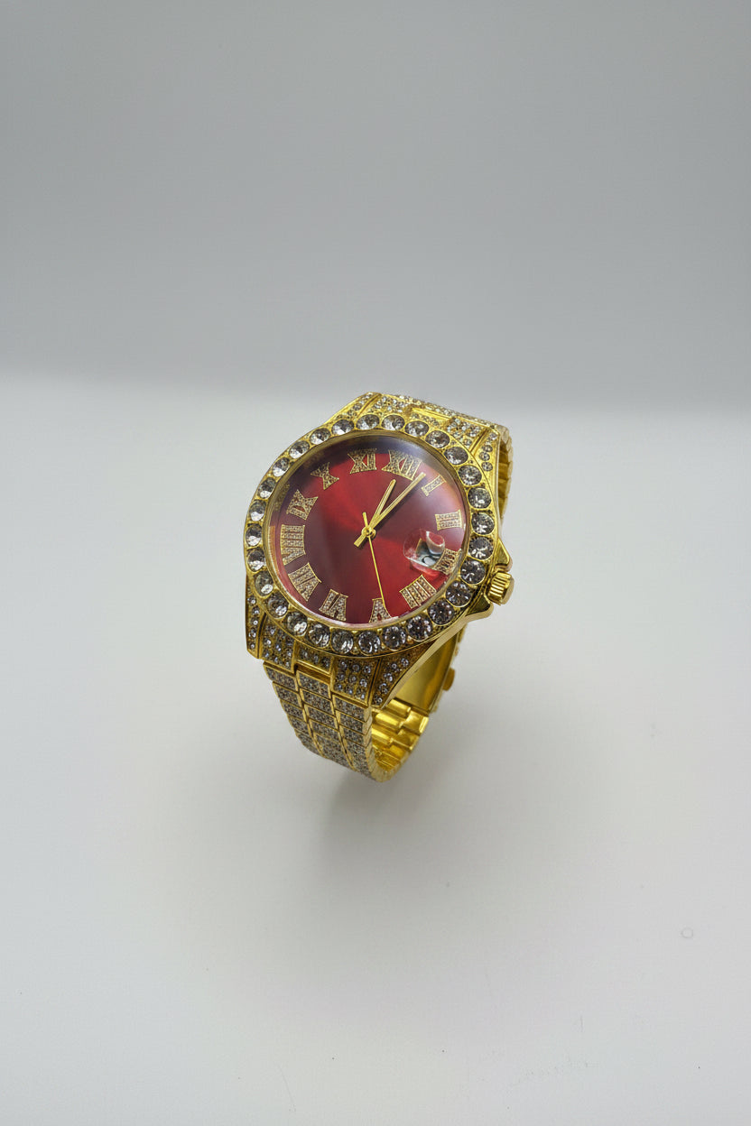 Mens Iced Out Watch Red Face Gold on Gold
