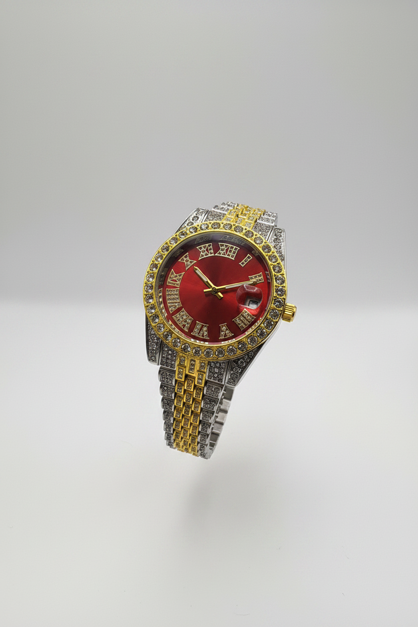Mens Iced Out Watch Red Face Gold on silver