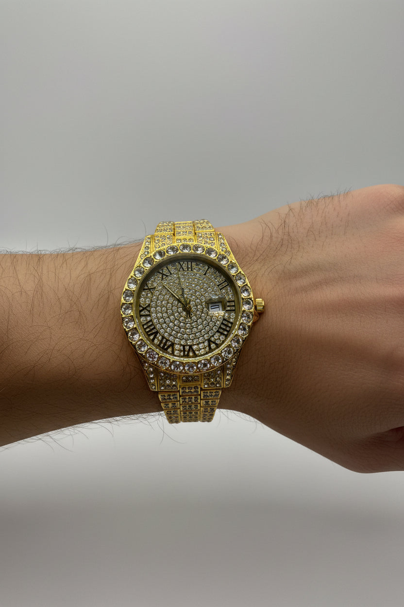 Mens Iced Out Watch Iced Gold Face Gold on Gold