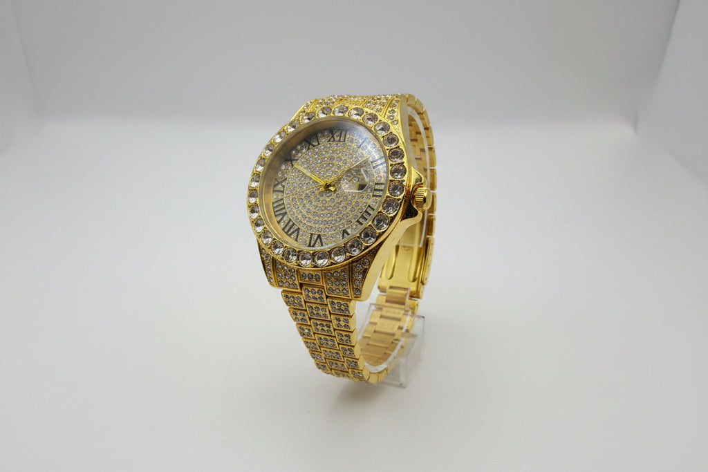 Mens Iced Out Watch Iced Gold Face Gold on Gold
